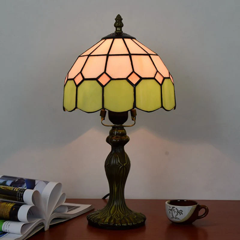 Traditional Tiffany Aluminum Alloy Glass Dome Squares 1-Light Table Lamp For Dining Room