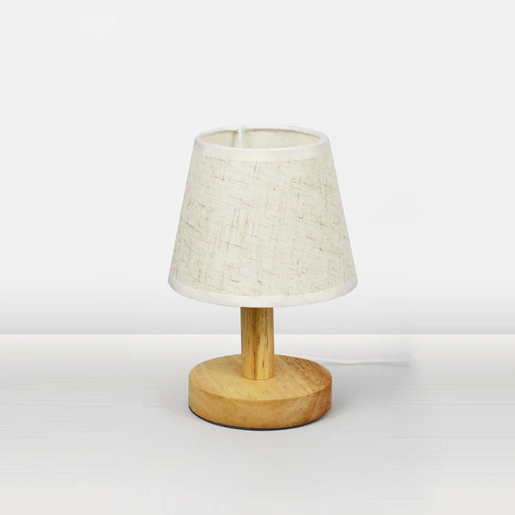 Contemporary Nordic Round Wood Fabric LED Table Lamp For Bedroom