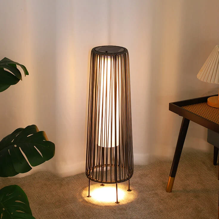 Modern Minimalist Solar Waterproof Round Vertical Pull Strip Iron Rattan LED Standing Floor Lamp For Outdoor Patio
