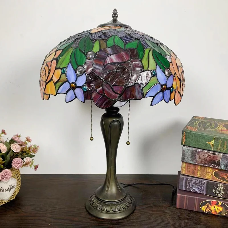 Traditional Tiffany Umbrella Flower Dragonfly Alloy Stained Glass 2-Light Table Lamp For Bedroom