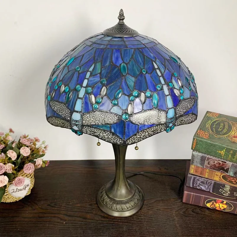 Traditional Tiffany Umbrella Flower Dragonfly Alloy Stained Glass 2-Light Table Lamp For Bedroom