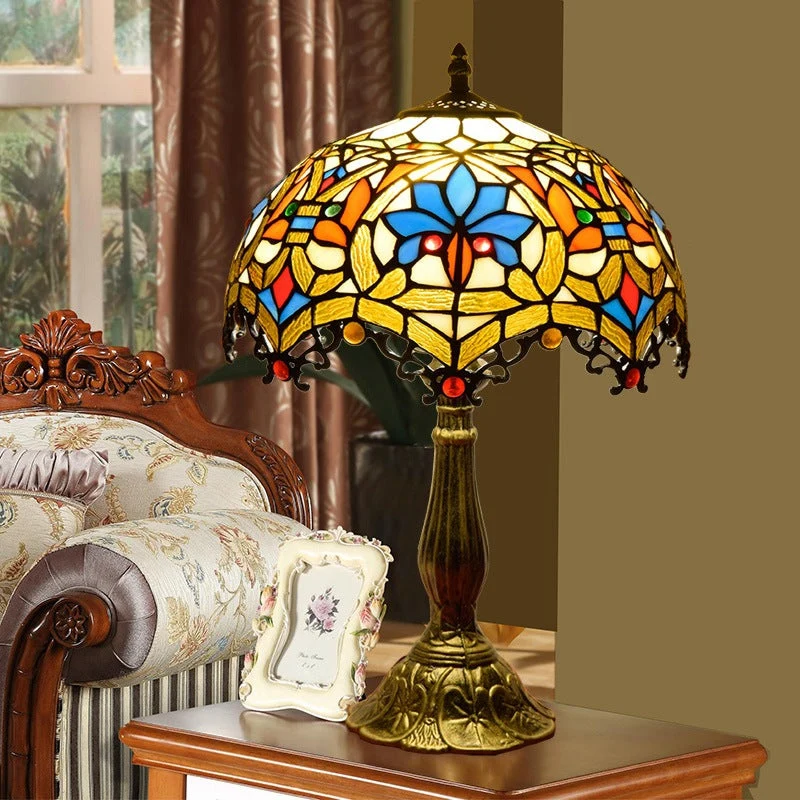 Traditional Vintage Flower Gemstone Stained Glass 1-Light Table Lamp For Living Room