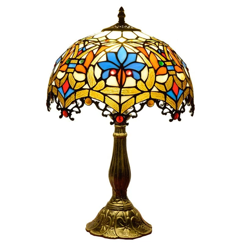 Traditional Vintage Flower Gemstone Stained Glass 1-Light Table Lamp For Living Room