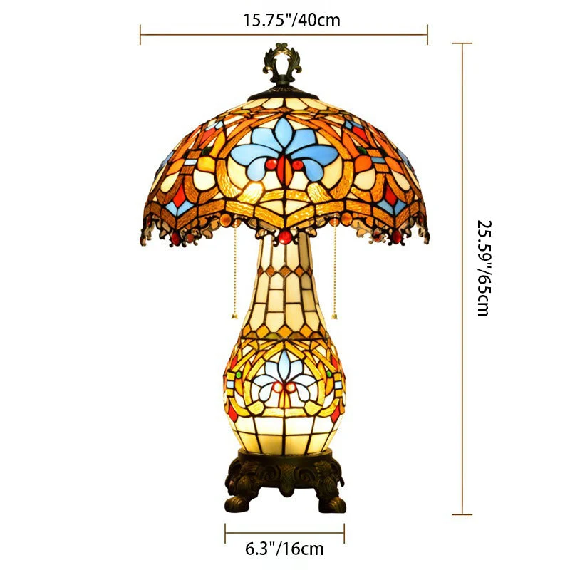 Traditional Vintage Floral Peach Heart Design Stained Glass 3-Light Table Lamp For Living Room