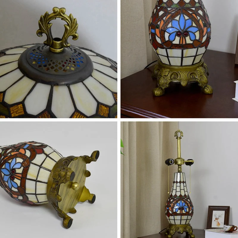 Traditional Vintage Floral Peach Heart Design Stained Glass 3-Light Table Lamp For Living Room