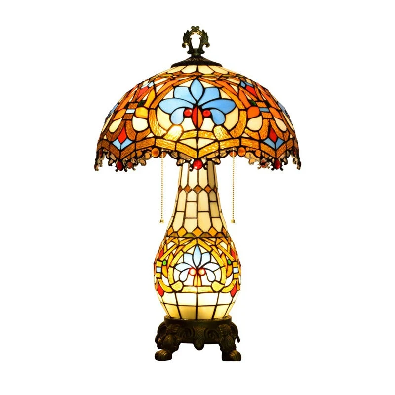 Traditional Vintage Floral Peach Heart Design Stained Glass 3-Light Table Lamp For Living Room