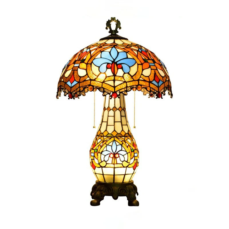 Traditional Vintage Floral Peach Heart Design Stained Glass 3-Light Table Lamp For Living Room