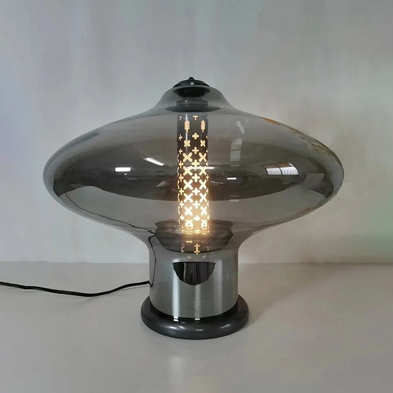 Modern Minimalist Geometric Smokey Gray Glass Hardware LED Table Lamp For Home Office