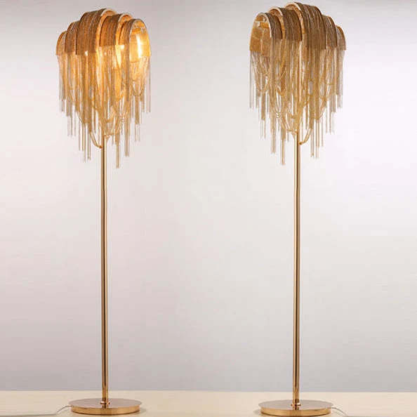 Contemporary Scandinavian Tassel Chain Iron Aluminum 2-Light Standing Floor Lamp For Living Room