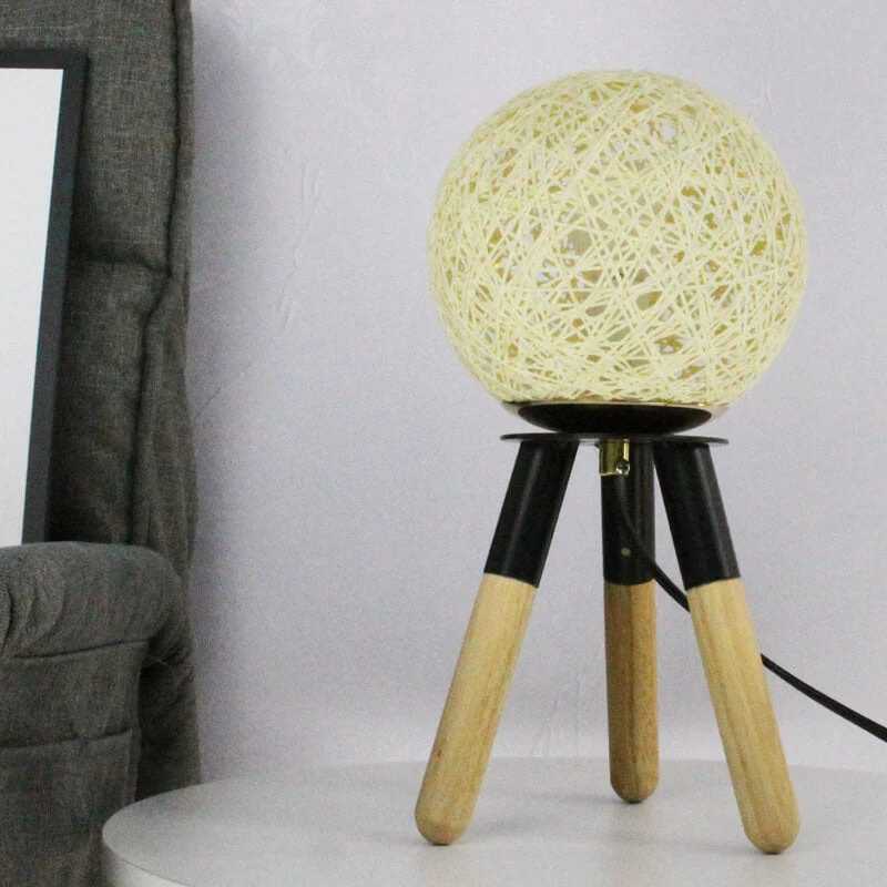 Contemporary Nordic Faux Rattan Ball Wood Metal Tripod 1-Light Table Lamp For Bedroom
