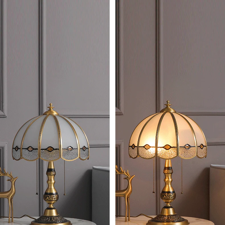 Traditional European Umbrella Full Copper Glass 1-Light Table Lamp For Bedroom