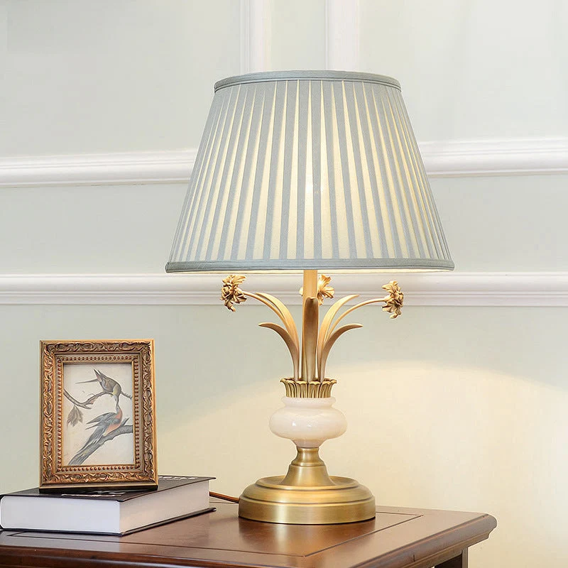 Modern Minimalist Round Trapezoidal Flower Leaf Base Brass Jade Fabric 1-Light Table Lamp For Bedroom