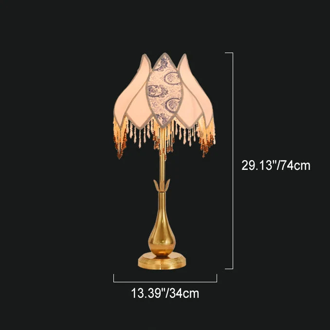 Traditional French Antique Brass Fabric Tassel Lotus Shape 1-Light Table Lamp For Home Office