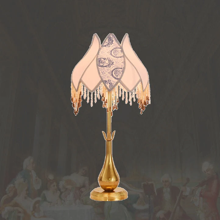 Traditional French Antique Brass Fabric Tassel Lotus Shape 1-Light Table Lamp For Home Office