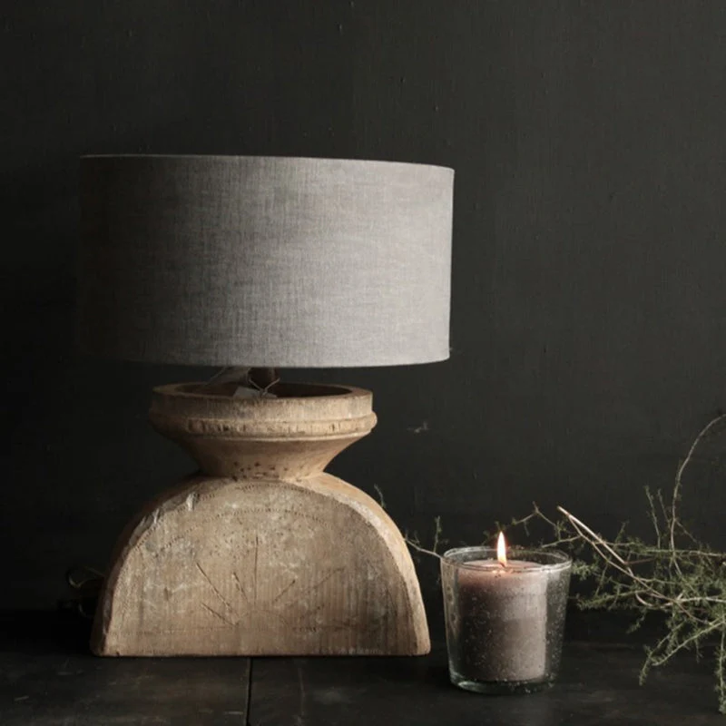 Traditional Rustic Fabric Shade Dark Distressed Wood Base 1-Light Table Lamp For Home Office