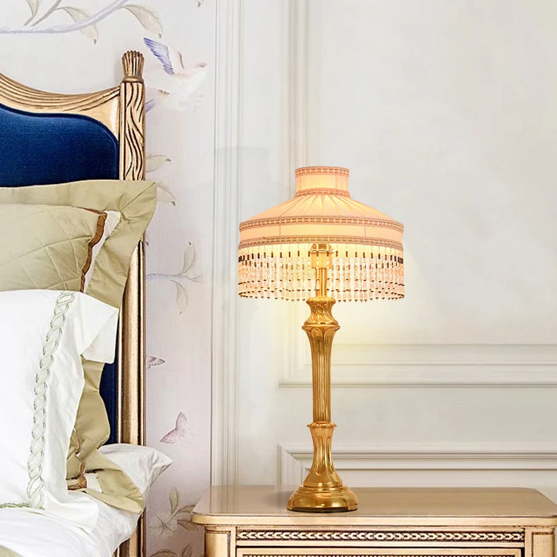 Contemporary Luxury Fabric Round Shade Brass Base 1-Light Table Lamp For Home Office