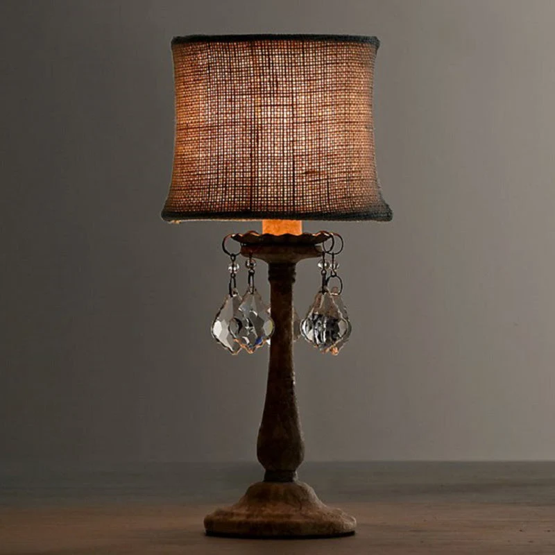 Modern Shabby Chic Distressed White Cylindrical Fabric Shade Resin Base 1-Light Table Lamp For Bedroom