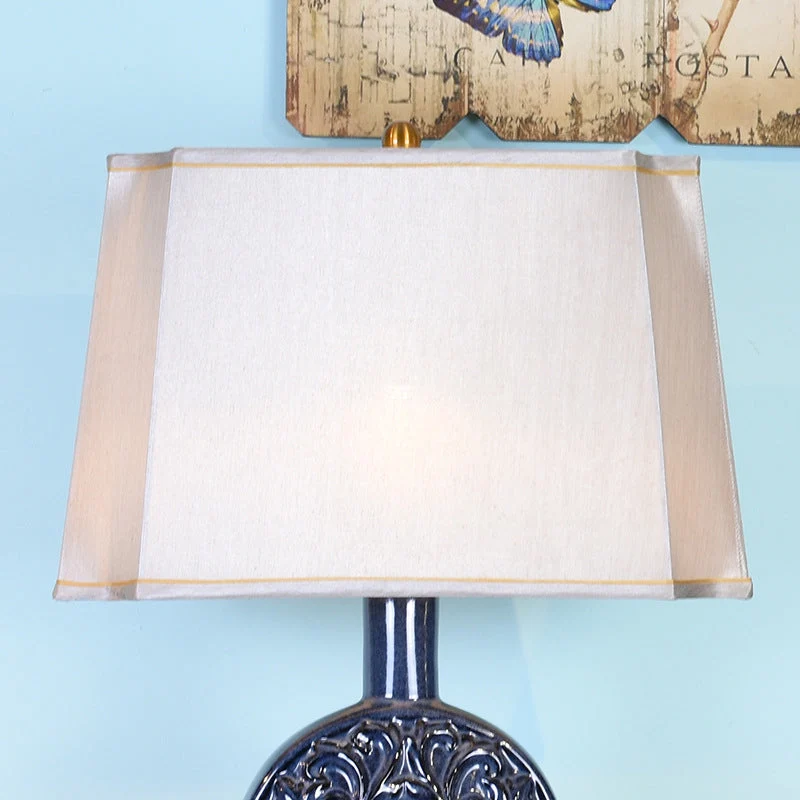 Traditional Chinese Oval Ceramic Fabric Lampshade Copper Base 1-Light Table Lamp For Living Room