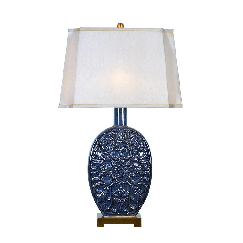 Traditional Chinese Oval Ceramic Fabric Lampshade Copper Base 1-Light Table Lamp For Living Room