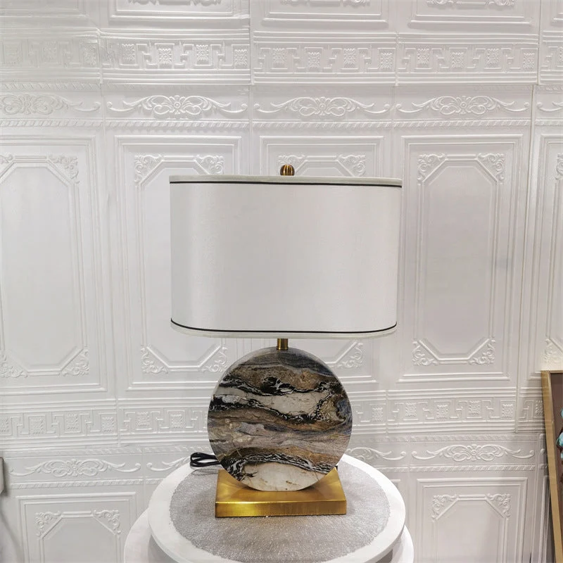 Traditional Chinese Round Rectangular Marble Fabric Metal Base 1-Light Table Lamp For Living Room