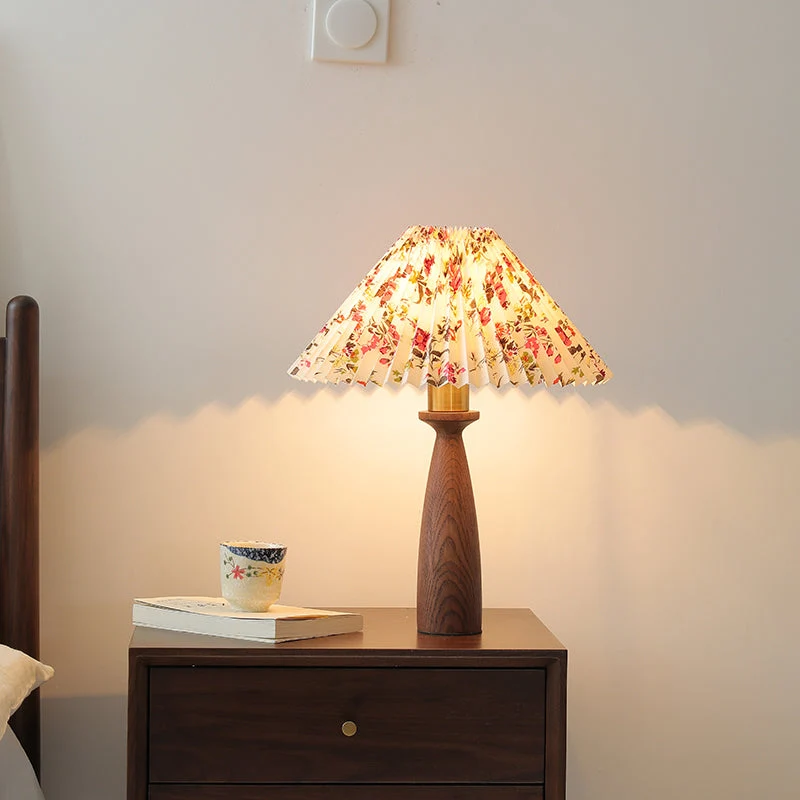 Traditional Vintage Conical Floral Wood Fabric 1-Light Table Lamp For Bedroom
