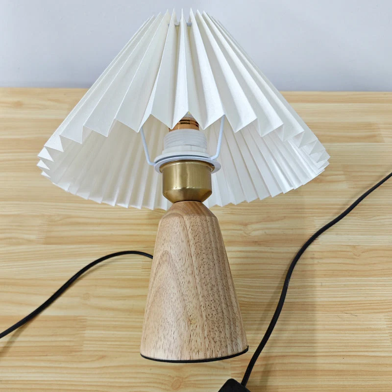 Contemporary Scandinavian Trapezoidal Pleated Fabric Wood 1-Light Table Lamp For Bedroom
