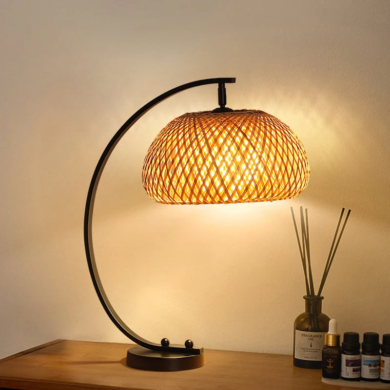 Traditional Chinese Curved Pole Round Mesh Shade Iron Bamboo 1-Light Table Lamp For Bedroom