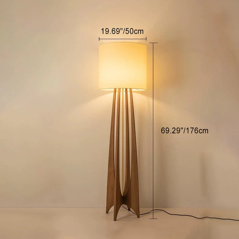 Traditional Chinese Wood Fabric Cylinder 1-Light Standing Floor Lamp For Living Room