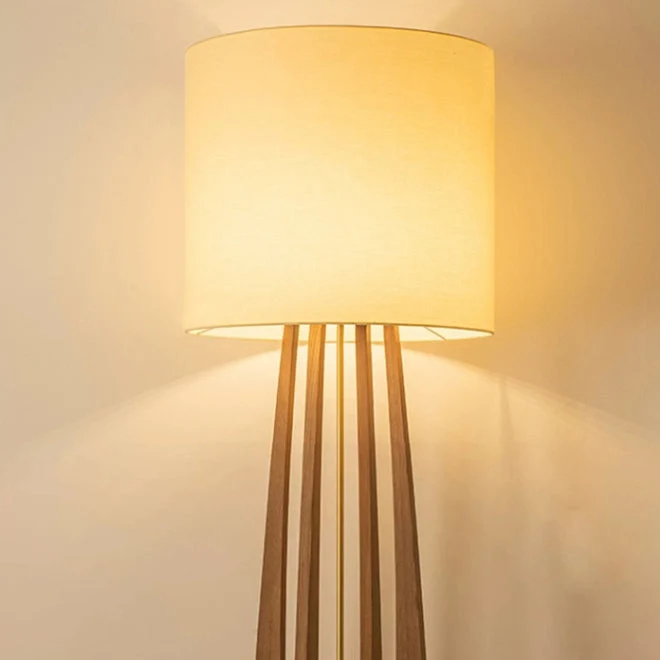 Traditional Chinese Wood Fabric Cylinder 1-Light Standing Floor Lamp For Living Room