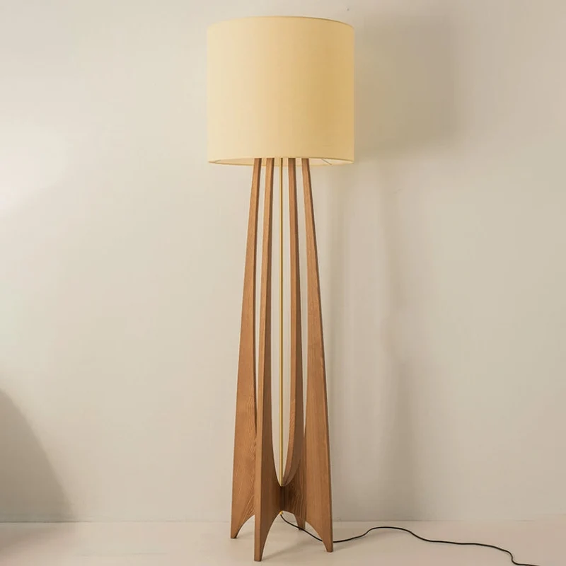 Traditional Chinese Wood Fabric Cylinder 1-Light Standing Floor Lamp For Living Room