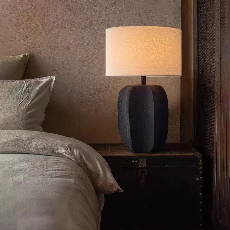 Modern Minimalist Round Cylinder Ceramic Base Linen Fabric 1-Light Table Lamp For Living Room