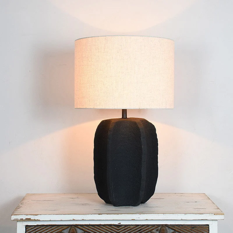 Modern Minimalist Round Cylinder Ceramic Base Linen Fabric 1-Light Table Lamp For Living Room