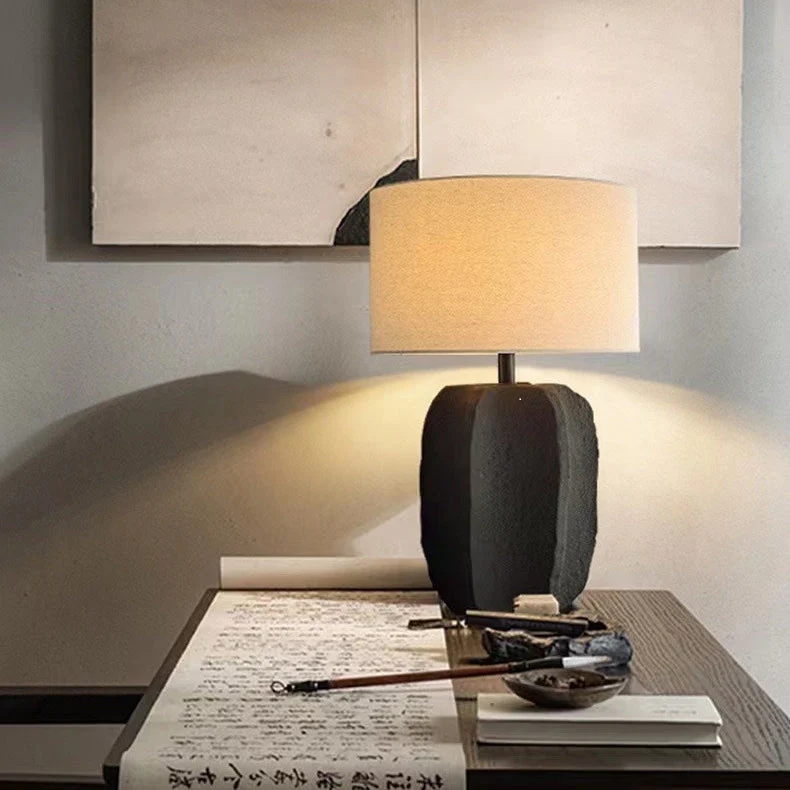 Modern Minimalist Round Cylinder Ceramic Base Linen Fabric 1-Light Table Lamp For Living Room