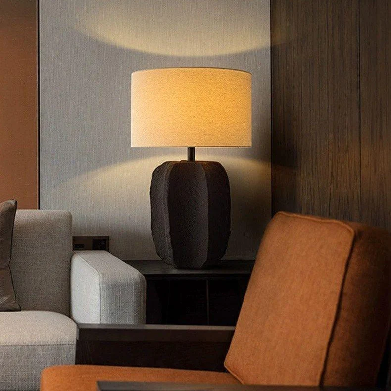 Modern Minimalist Round Cylinder Ceramic Base Linen Fabric 1-Light Table Lamp For Living Room