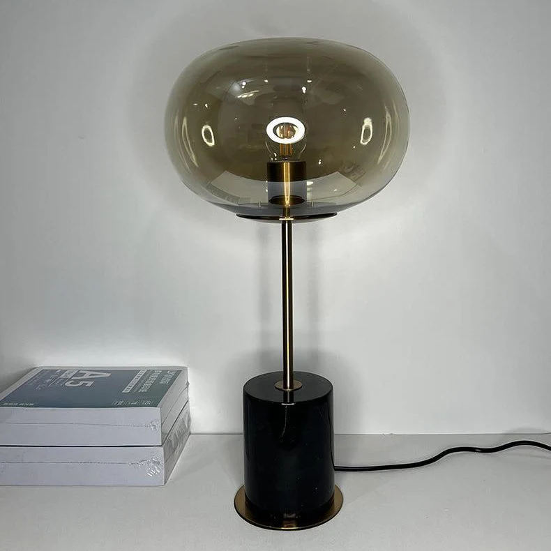 Modern Minimalist Round Ball Cylinder Marble Base Iron Glass 1-Light Table Lamp For Living Room