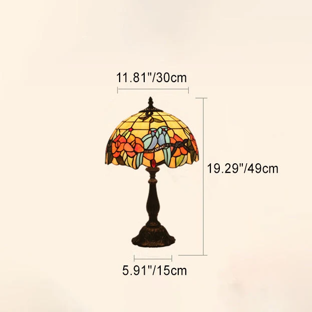 Traditional Tiffany Stained Glass Rose Flower Parrot Dome 1-Light Table Lamp For Bedroom