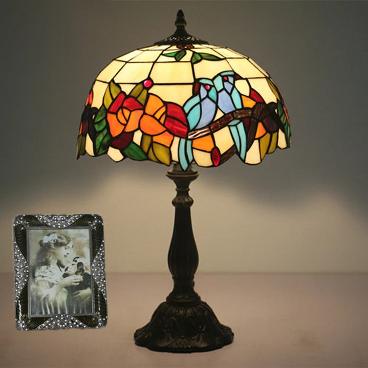 Traditional Tiffany Stained Glass Rose Flower Parrot Dome 1-Light Table Lamp For Bedroom