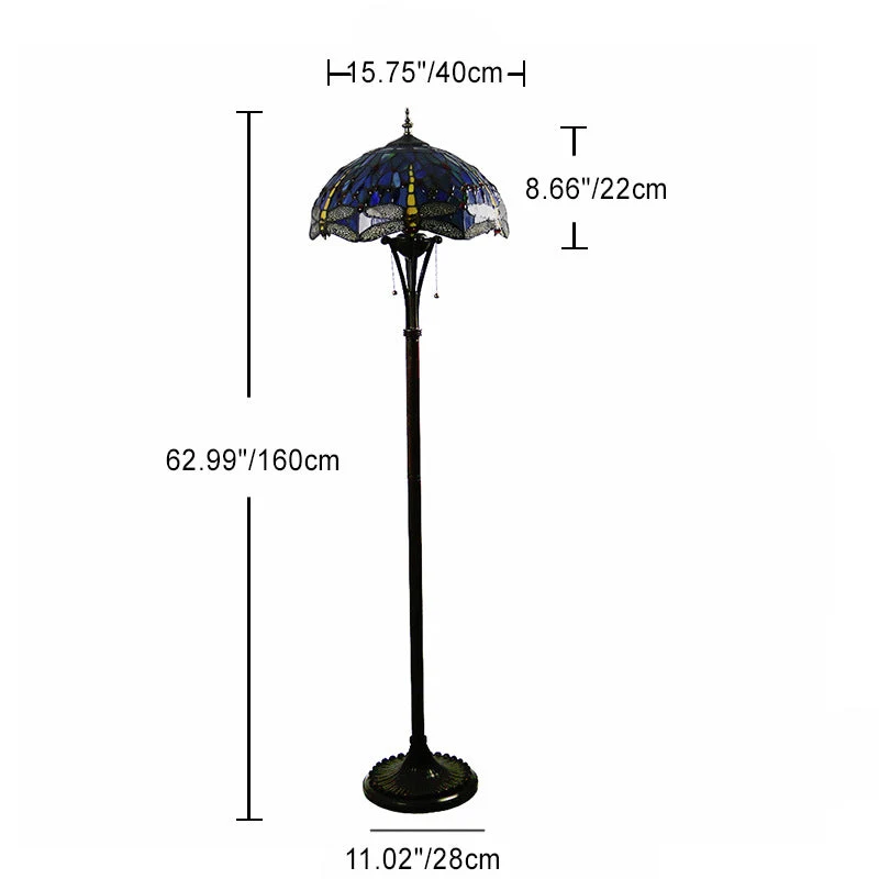 Traditional Tiffany Mediterranean Dragonfly Stained Glass Dome Shade 2-Light Standing Floor Lamp For Home Office