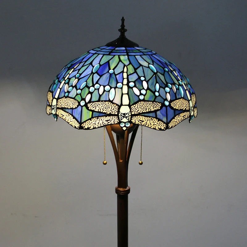 Traditional Tiffany Mediterranean Dragonfly Stained Glass Dome Shade 2-Light Standing Floor Lamp For Home Office