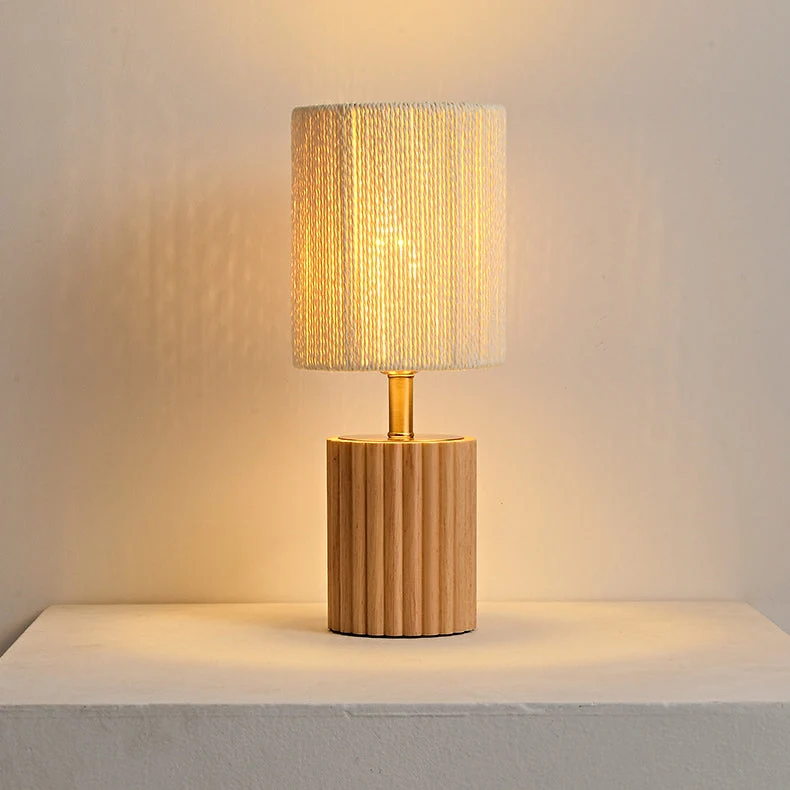 Traditional Japanese Round Cylinder Paper Rope Wood 1-Light Table Lamp For Bedroom