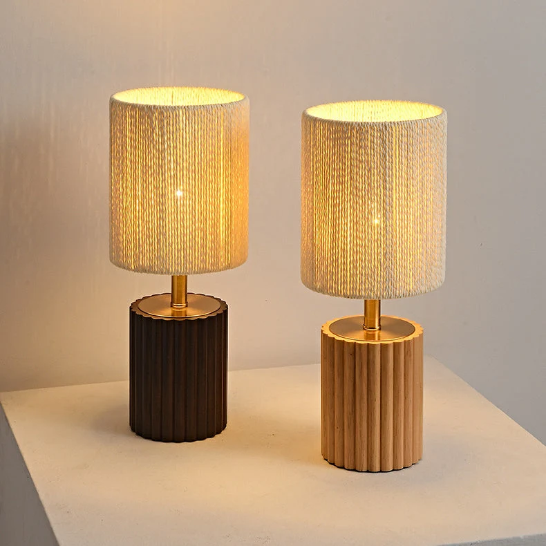Traditional Japanese Round Cylinder Paper Rope Wood 1-Light Table Lamp For Bedroom