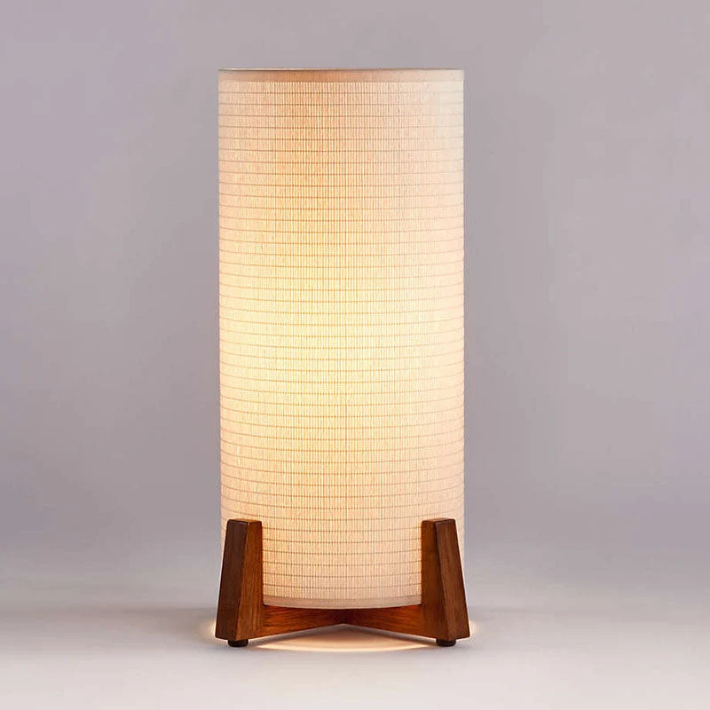 Traditional Japanese Cylinder Wooden Fabric 1-Light Table Lamp For Bedroom