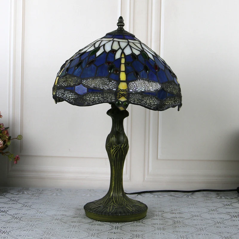 Traditional Tiffany Dragonfly Stained Glass Alloy Base 1-Light Table Lamp For Home Office