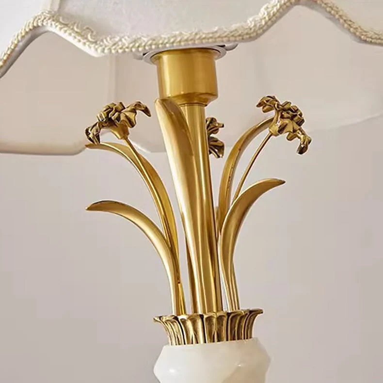 Contemporary Luxury Fabric Shade Jade All Copper Carved Base 1-Light Table Lamp For Home Office