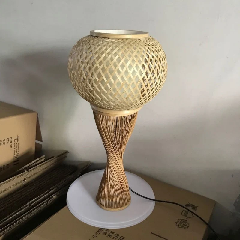 Traditional Vintage Rattan Weaving Cage Bamboo 1-Light Table Lamp For Bedroom