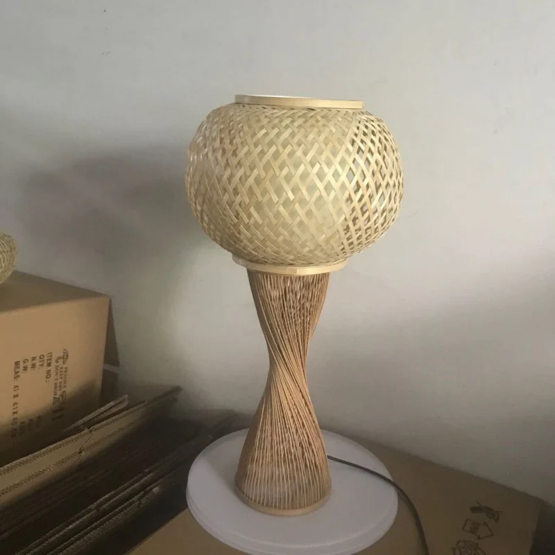 Traditional Vintage Rattan Weaving Cage Bamboo 1-Light Table Lamp For Bedroom
