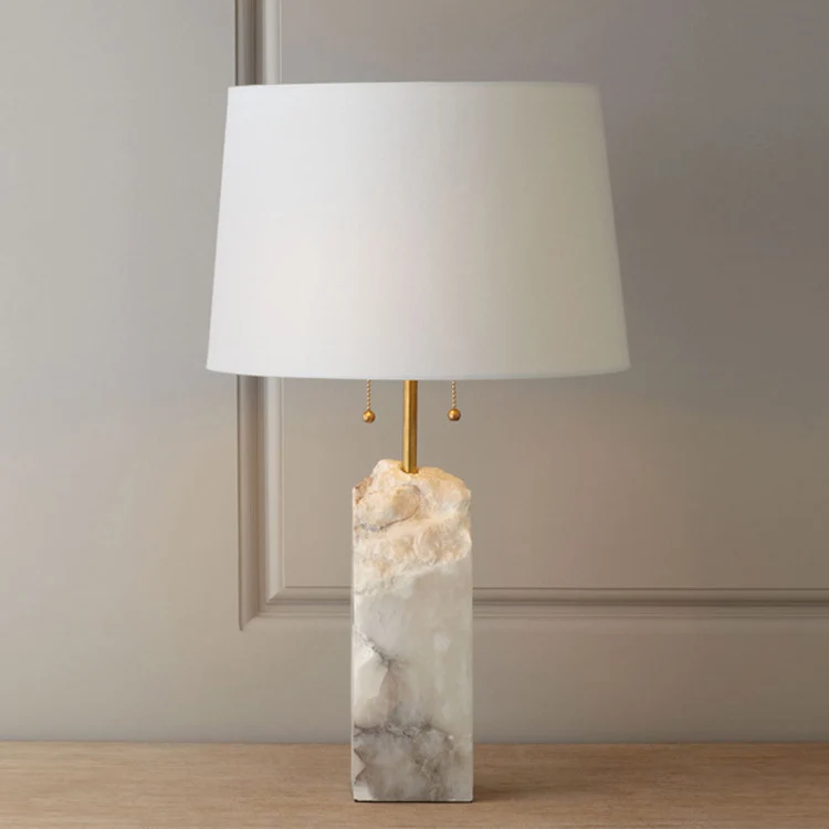 Modern Luxury Fabric Tapered Shade Raw White Alabaster Base 1-Light Table Lamp For Bedroom