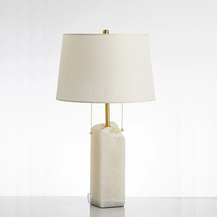 Modern Luxury Fabric Tapered Shade Raw White Alabaster Base 1-Light Table Lamp For Bedroom