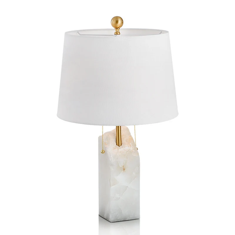 Modern Luxury Fabric Tapered Shade Raw White Alabaster Base 1-Light Table Lamp For Bedroom