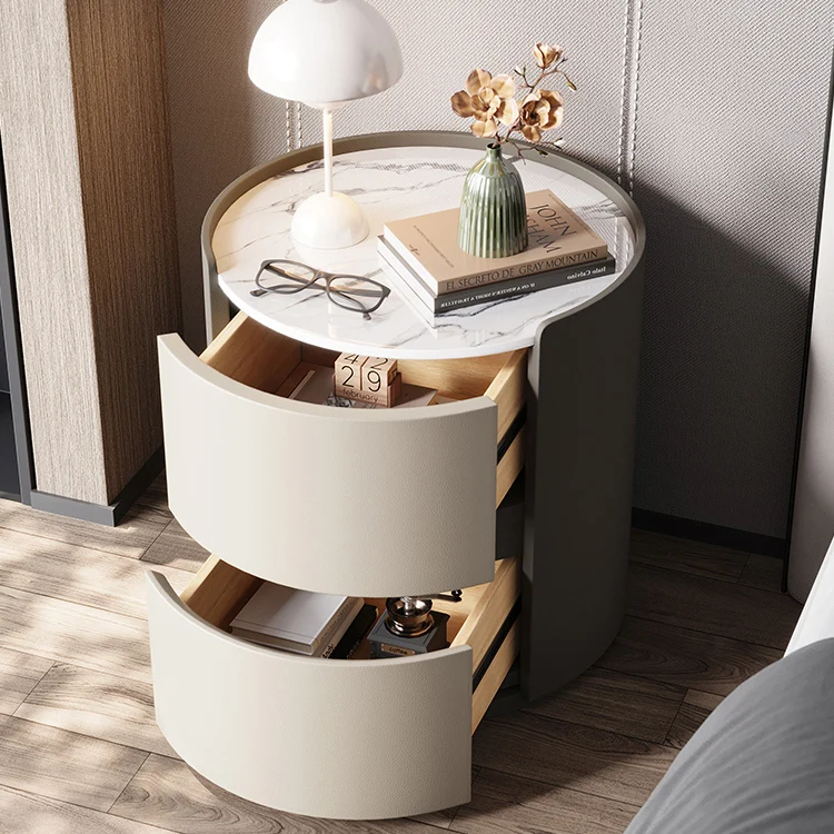 Modern Minimalist Synthetic Leather Velvet Rock Slab & Solid Wood Plywood Round Nightstand With 2 Drawers For Bedside Use